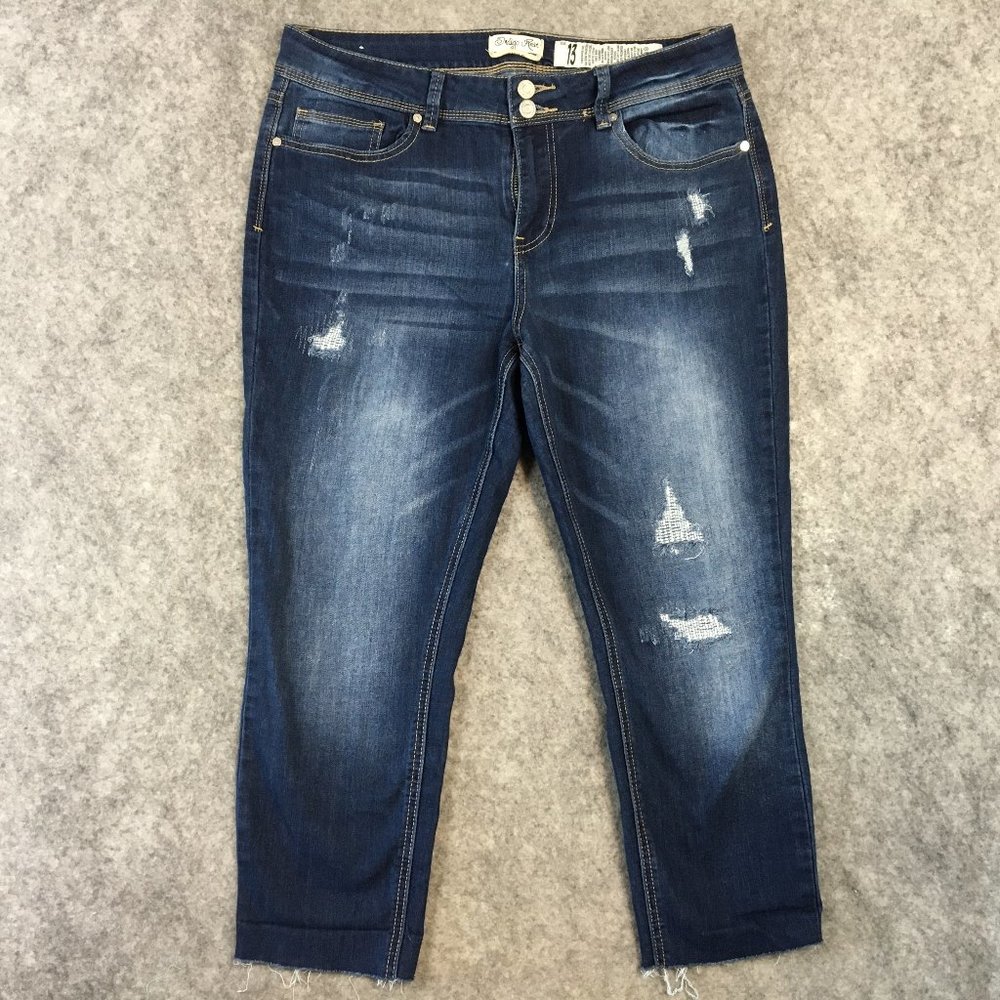 Indigo Rein Jeans 13 14 32 Mid Rise Skinny Ankle Dark Wash Distressed Raw Hem